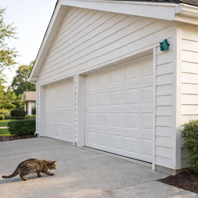 Cat walking towards garage door, mounted above is The Guardian cat repeller