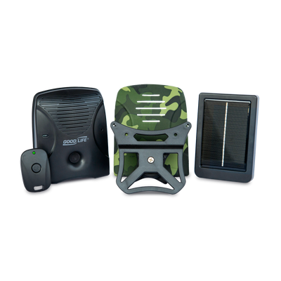 Solar Pack MAX with camouflage faceplate, remote, mounting bracket, and solar panel