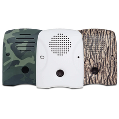 Dog Silencer's lineup of faceplates – tree-bark, camouflage, and matte-white (great for painting!)