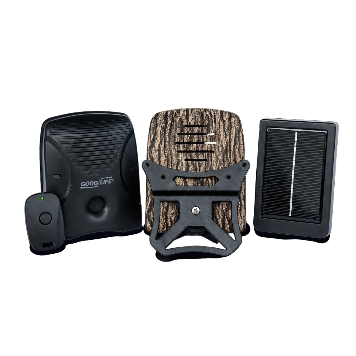 Solar Pack MAX with tree bark faceplate, remote, mounting bracket, and solar panel