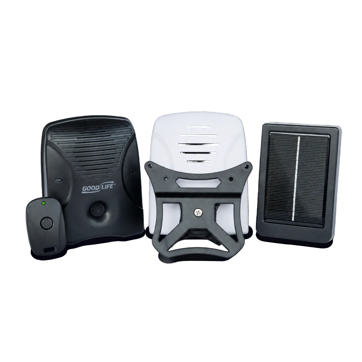 Solar Pack MAX with matte white faceplate, remote, mounting bracket, and solar panel