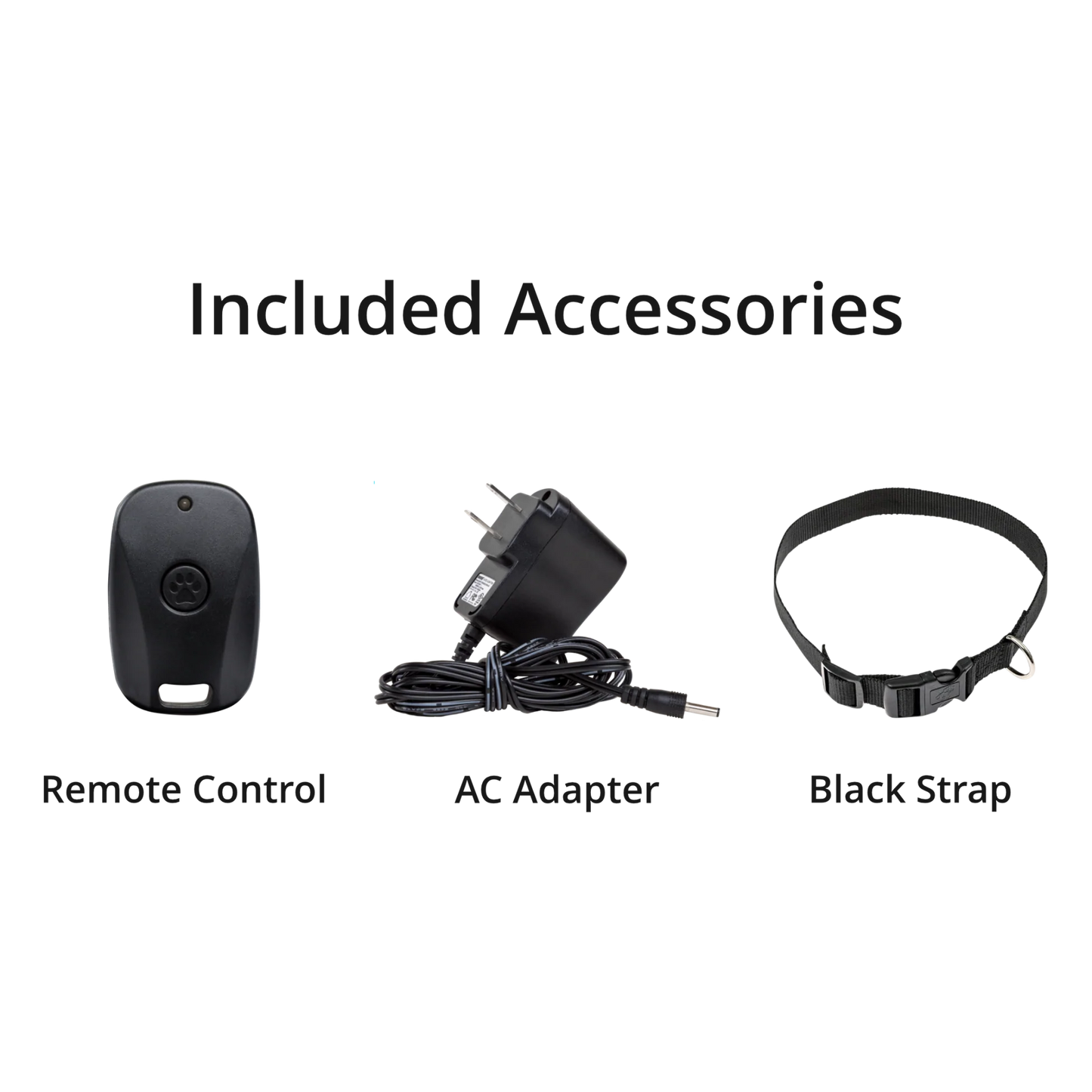 BarkWise™ Complete's included accessories – remote control, AC adaptor, and a black collar strap.