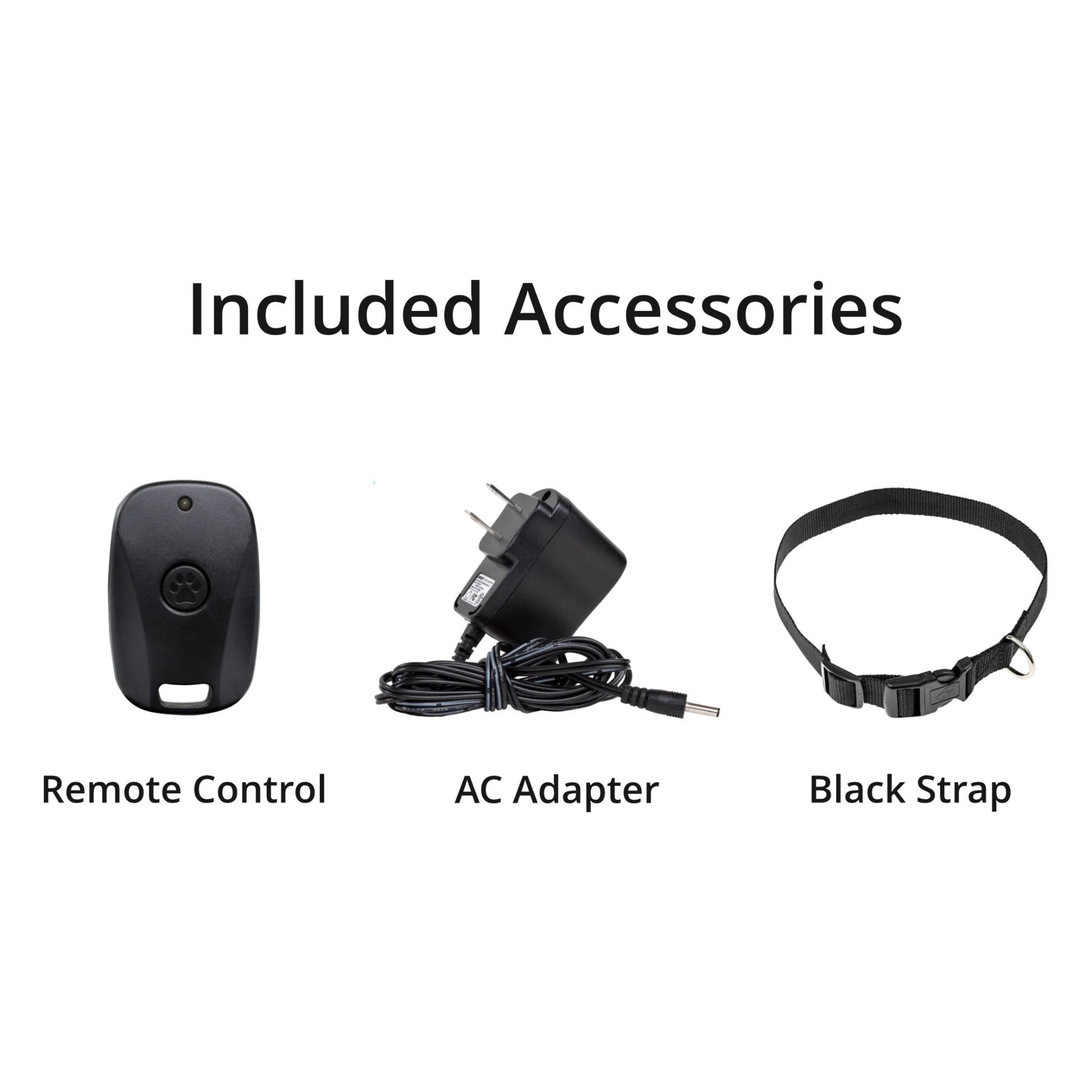 BarkWise™ Complete's included accessories – remote control, AC adaptor, and a black collar strap.