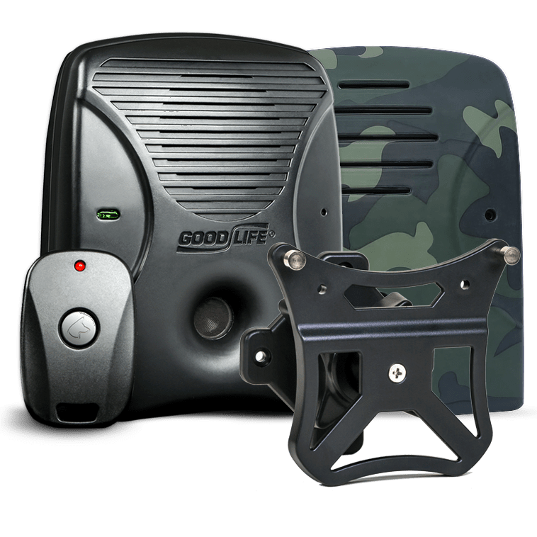 Discreet Neighbor Pack – MAX. Pictured: Dog Silencer® MAX with its included remote, a camouflage-pattern faceplate, and a wall mount