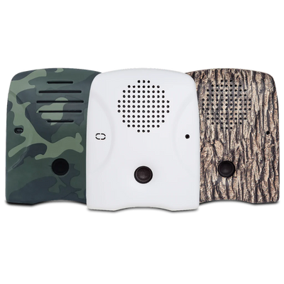 Dog Silencer's lineup of faceplates – tree-bark, camouflage, and matte-white (great for painting!)