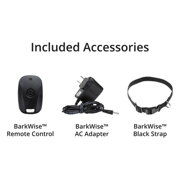 BarkWise™ Complete's included accessories – remote control, AC adaptor, and a black collar strap.