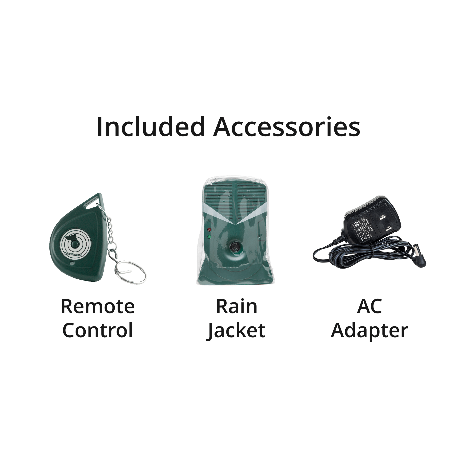 Bark Control Pro™ Included Accessories – Remote Control, Rain Jacket, and AC Adapter