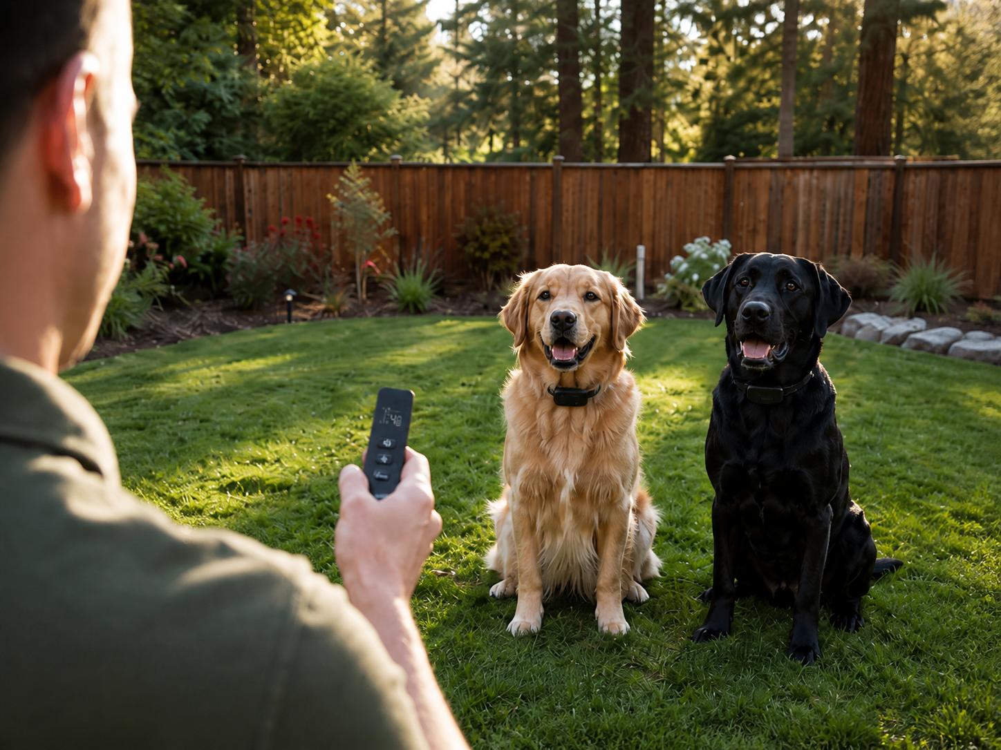 A trainer using a Happy Tails remote with two dogs wearing training collars