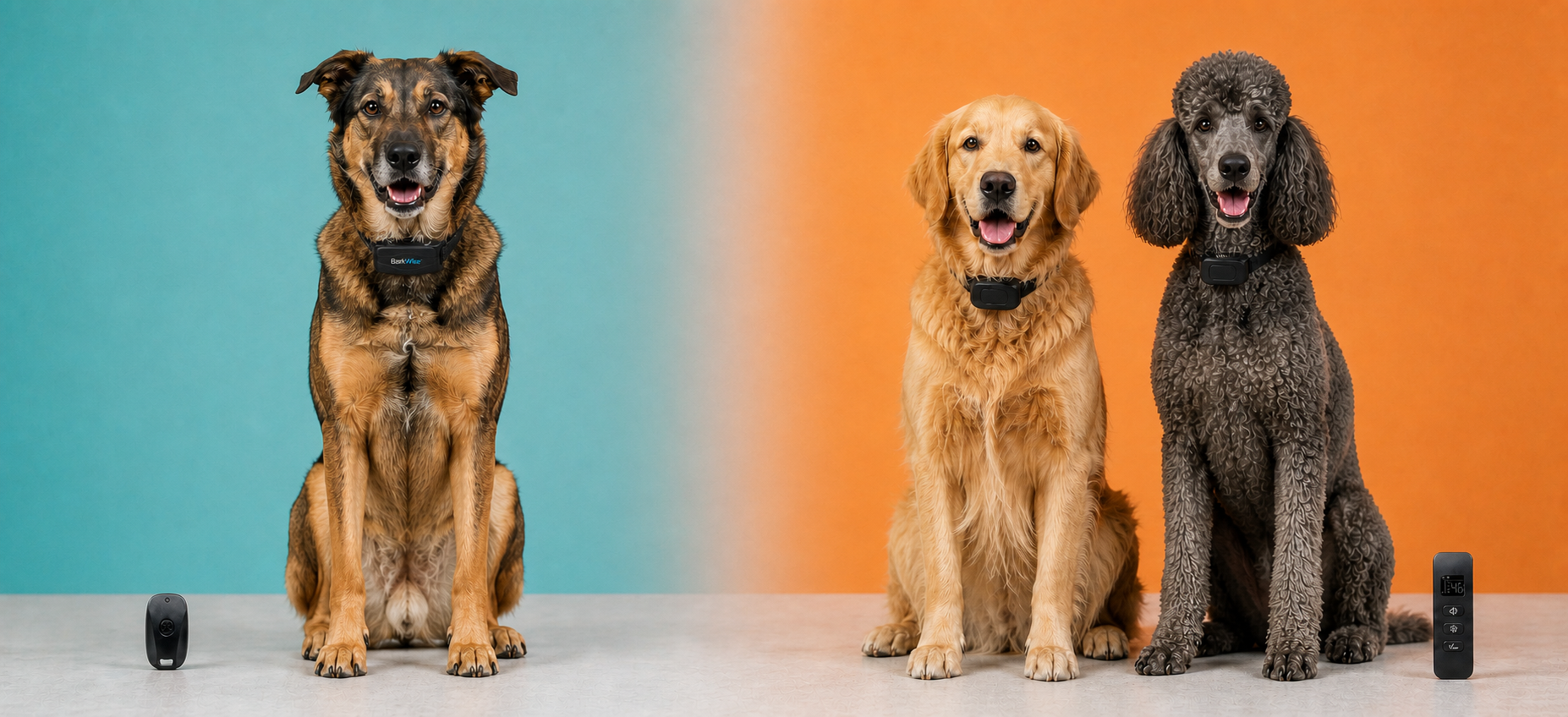One dog wears a BarkWise Complete collar beside its remote; two dogs wear Happy Tails collars beside one Happy Tails remote.